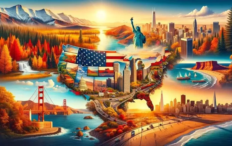 Collage de paisajes estadounidenses: Otoño en el Noreste, Gran Cañón al atardecer, playas del Sudeste, calles de Chicago y el Puente Golden Gate