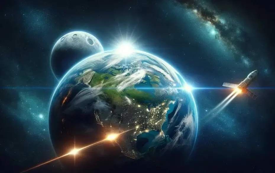 La Tierra desde el espacio con vista a la Luna y una nave espacial, simbolizando la exploración espacial y la NASA