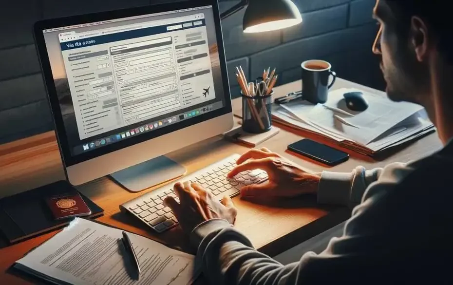 Persona completando formulario online de visa ESTA en computadora portátil, rodeada de documentos importantes y una taza de café, en un escritorio ordenado