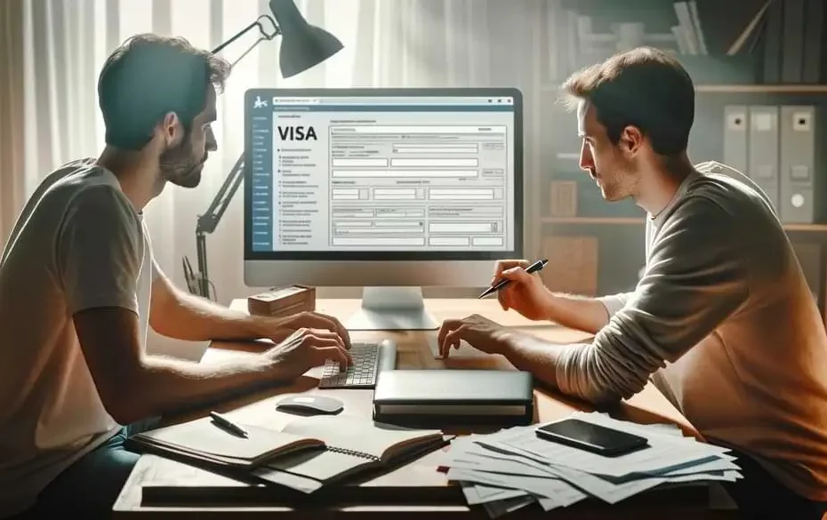 dos hombres trabajando juntos en una solicitud de visa en una computadora de escritorio
