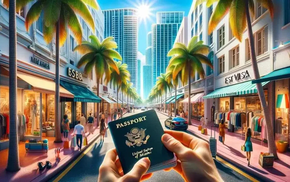 Persona utilizando visa ESTA mientras va de compras en las soleadas calles de Miami, rodeado de tiendas de lujo y palmeras
