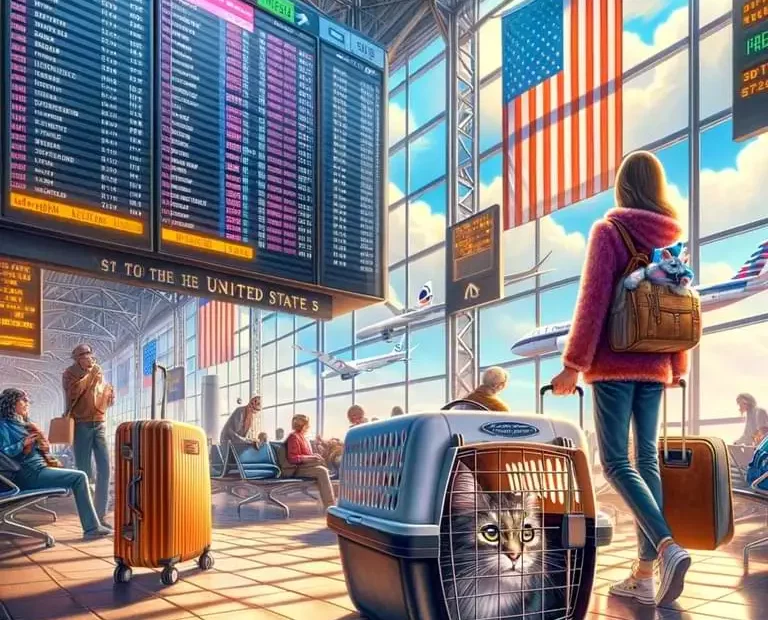 Persona en un aeropuerto sosteniendo un transportador de gato al lado de su equipaje, con un gato mirando curiosamente hacia afuera, y una pantalla de salidas mostrando vuelos a Nueva York en el fondo