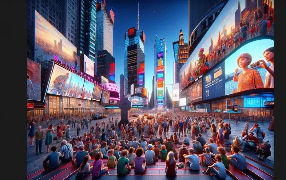 Turistas disfrutando de la luminosa y animada Times Square por la noche, rodeados de brillantes vallas publicitarias y actuaciones callejeras