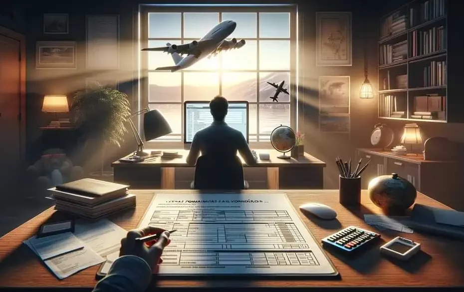 Persona completando el formulario ESTA en un ordenador portátil, rodeada de documentos necesarios para el viaje a EE.UU., con una vista de un avión en el cielo desde la ventana, simbolizando el próximo viaje