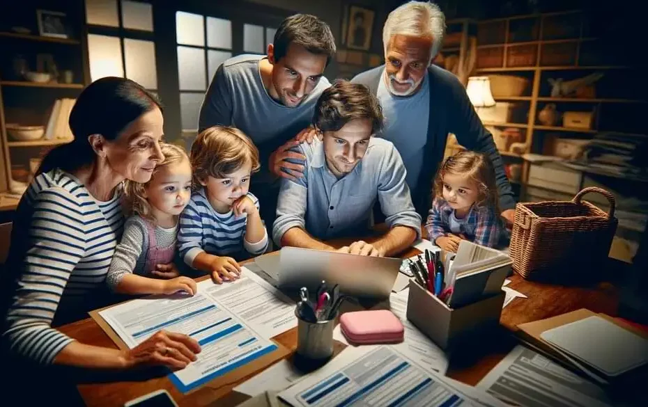 Una familia intergeneracional reunida alrededor de una computadora portátil, con documentos y útiles de oficina sobre la mesa, planificando juntos en un ambiente hogareño