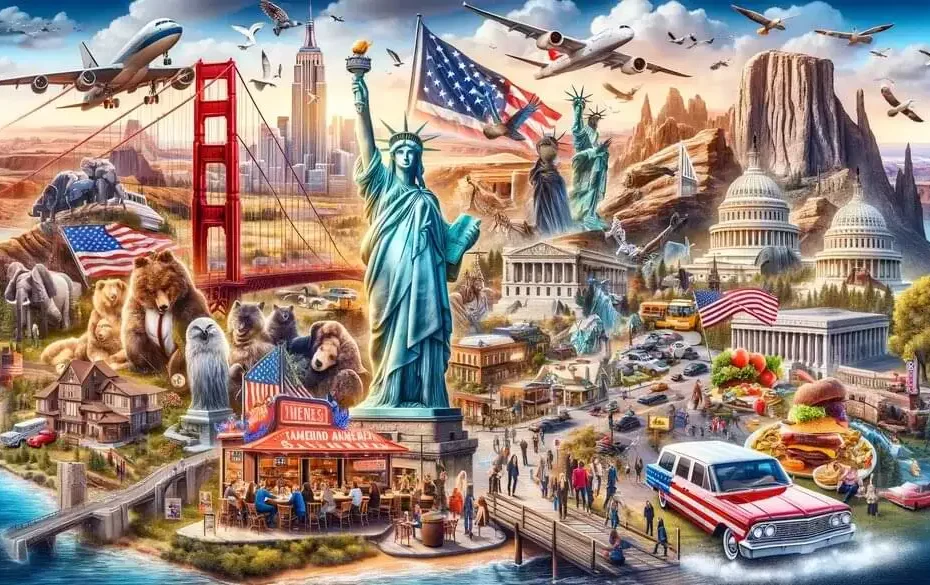Collage representativo de Estados Unidos mostrando la Estatua de la Libertad, el Puente Golden Gate, la Casa Blanca, el Gran Cañón y un diner clásico