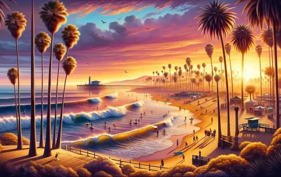 Paisaje idílico de las playas de California con arena dorada, palmeras icónicas y surfistas bajo un atardecer vibrante