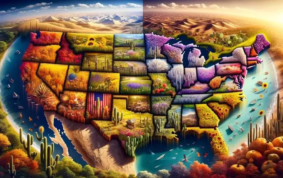 Imagen panorámica que muestra las distintas regiones de EE. UU. en diferentes estaciones: Noreste en otoño, Suroeste en primavera, Sureste durante Mardi Gras, Noroeste en verano y Medio Oeste en otoño