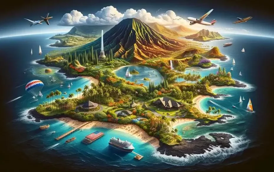 Paisaje panorámico que muestra la diversidad de las islas de EE. UU., incluyendo playas de Hawai, montañas volcánicas y la naturaleza tropical de las Islas Vírgenes