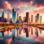 Vista panorámica del horizonte de Houston al atardecer, reflejándose en un río tranquilo, destacando rascacielos icónicos y un cielo claro