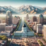 Vista panorámica de Salt Lake City con el Capitolio de Utah, rascacielos modernos y las montañas Wasatch al fondo, capturando la esencia urbana y natural