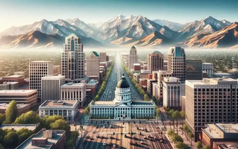 Vista panorámica de Salt Lake City con el Capitolio de Utah, rascacielos modernos y las montañas Wasatch al fondo, capturando la esencia urbana y natural