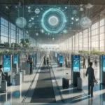 Aeropuerto moderno con kioscos de autoservicio futuristas y viajeros satisfechos, destacando seguridad y eficiencia con una paleta de colores tecnológica
