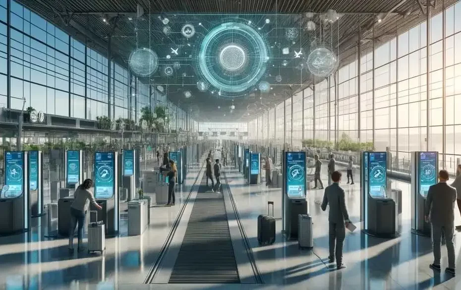 Aeropuerto moderno con kioscos de autoservicio futuristas y viajeros satisfechos, destacando seguridad y eficiencia con una paleta de colores tecnológica