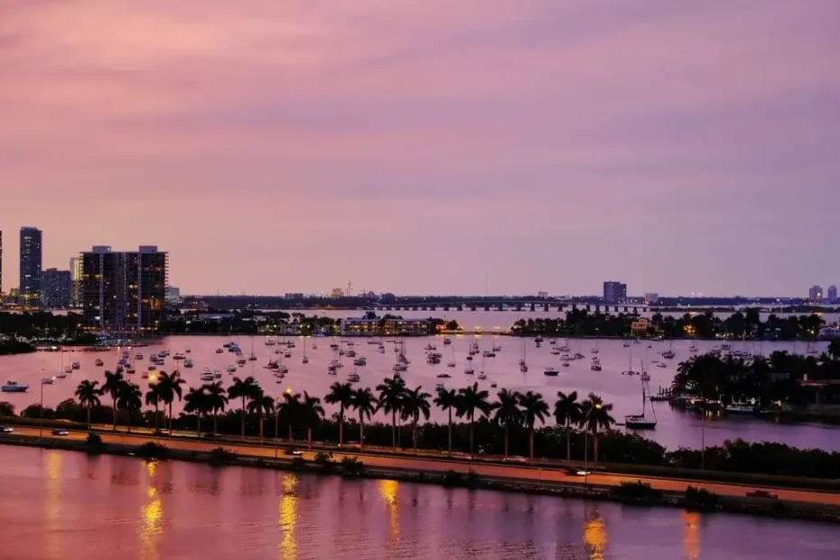 Vista panorámica de un atardecer en la Bahía de Miami con un cielo rosa y púrpura. En el horizonte se observan edificios iluminados y numerosas embarcaciones ancladas en el agua, rodeadas de palmeras.
